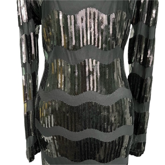 Anthro NANETTE LEPORE Black Wavy Sequin Striped Long Sleeve Dress - Picture 10 of 16